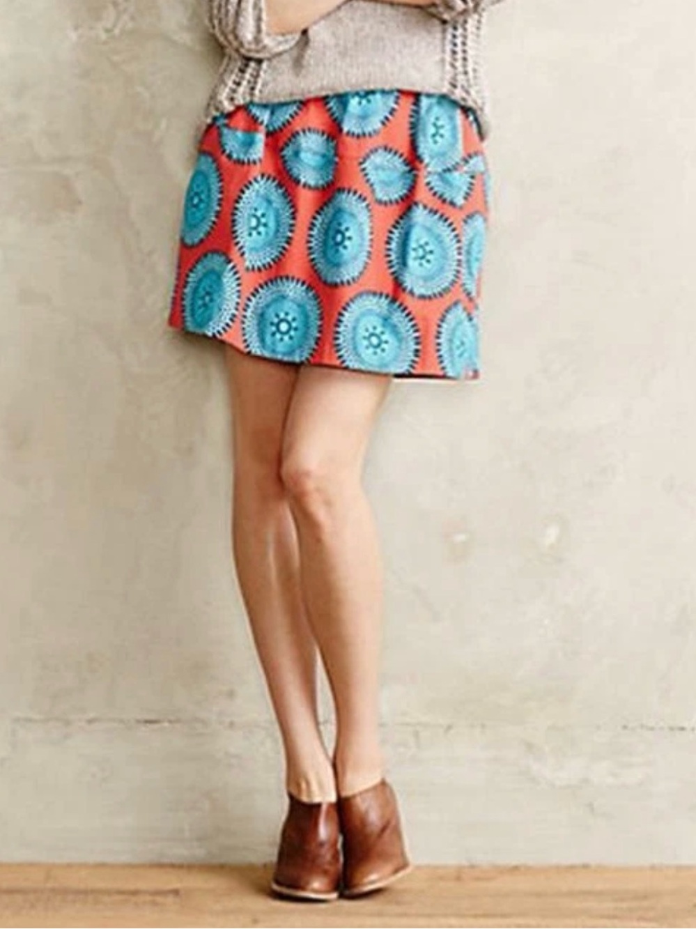 Anthropology Baraschi Coral Skirt with Turquoise Medallion Print Size 0